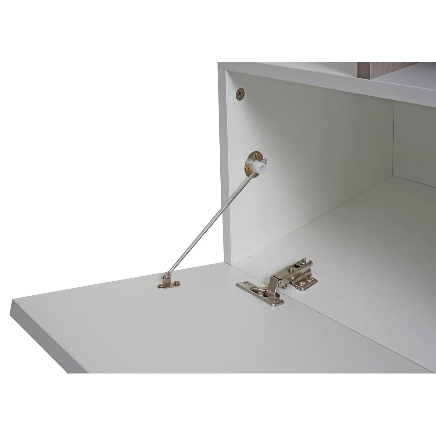 Detail der weißen TV-Rack Klapptür mit Metallscharnieren und einstellbarer Zugstange für das Staufach.