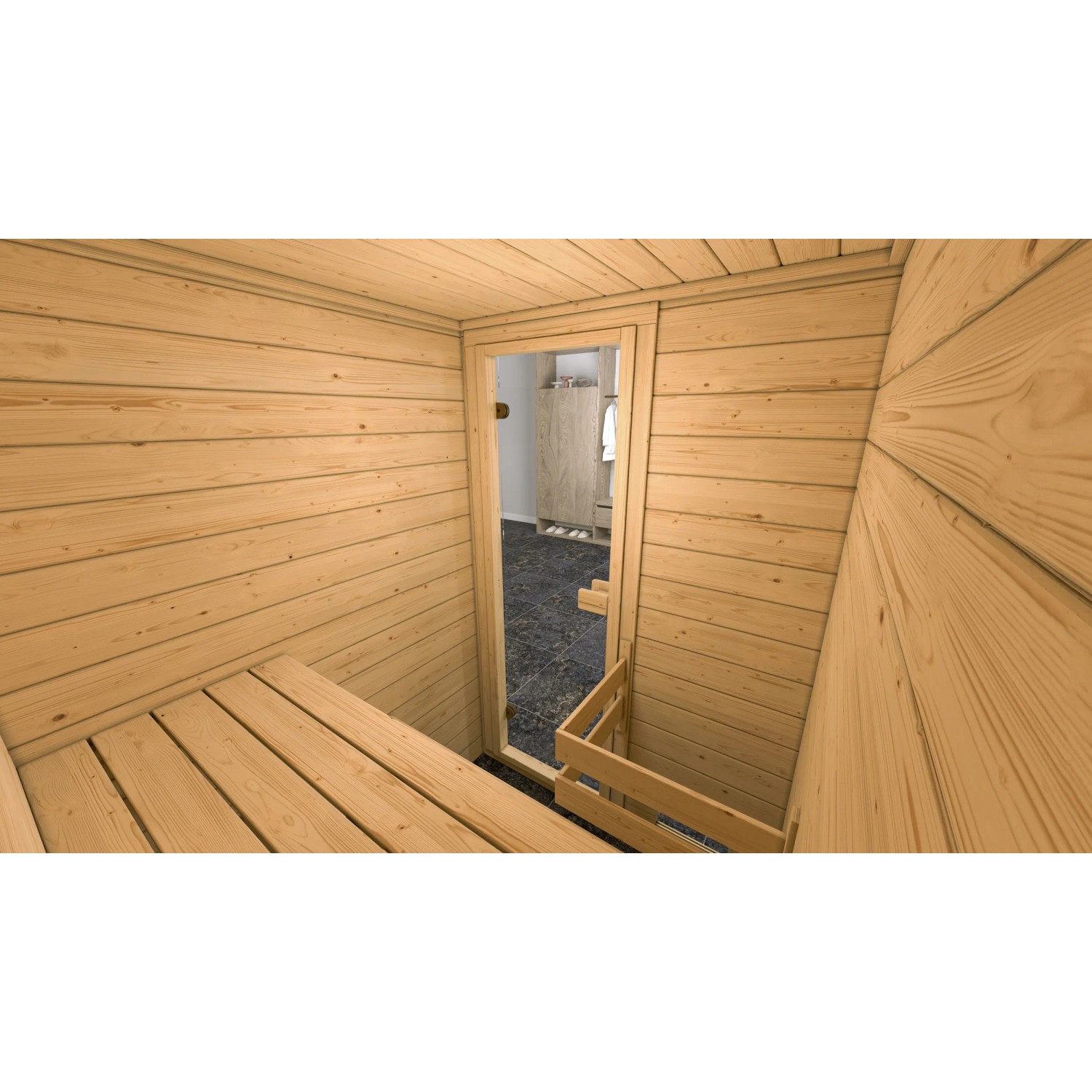 Innenansicht der Weka Massivholzsauna Valida 1 mit Glastür und Sitzbänken aus Fichtenholz.