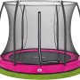 Pinkes Salta Comfort Edition Bodentrampolin ø 213 cm mit Sicherheitsnetz im Garten.