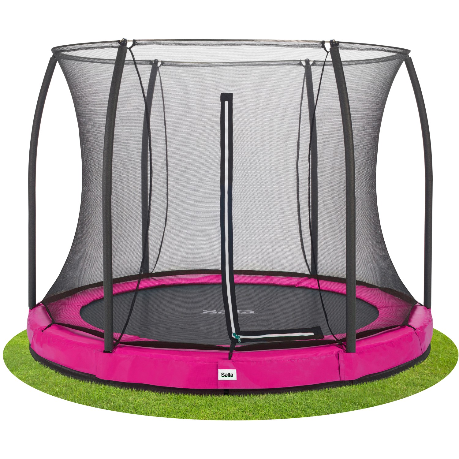 Pinkes Salta Comfort Edition Bodentrampolin ø 213 cm mit Sicherheitsnetz im Garten.
