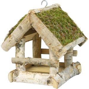 Vogelfutterhaus aus Birkenholz mit Moosdach, 19x19 cm, mit Haken zum Aufhängen.