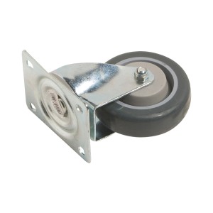 Transport-Lenkrolle mit grauem Thermoplast-Gummirad, 100 mm Durchmesser und Feststeller. Traglast 150 kg.