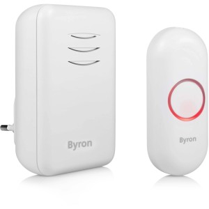 Byron Funk-Türklingel Set DBY-22312 mit weißem Empfänger und Klingelknopf, 150m Reichweite.
