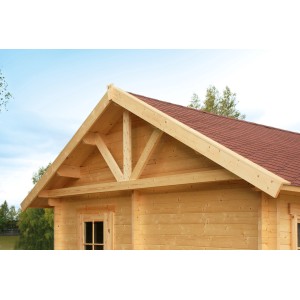 Detailansicht Skan Holz Gartenhaus Bern 4 mit rotem Dach und Holzbalken.