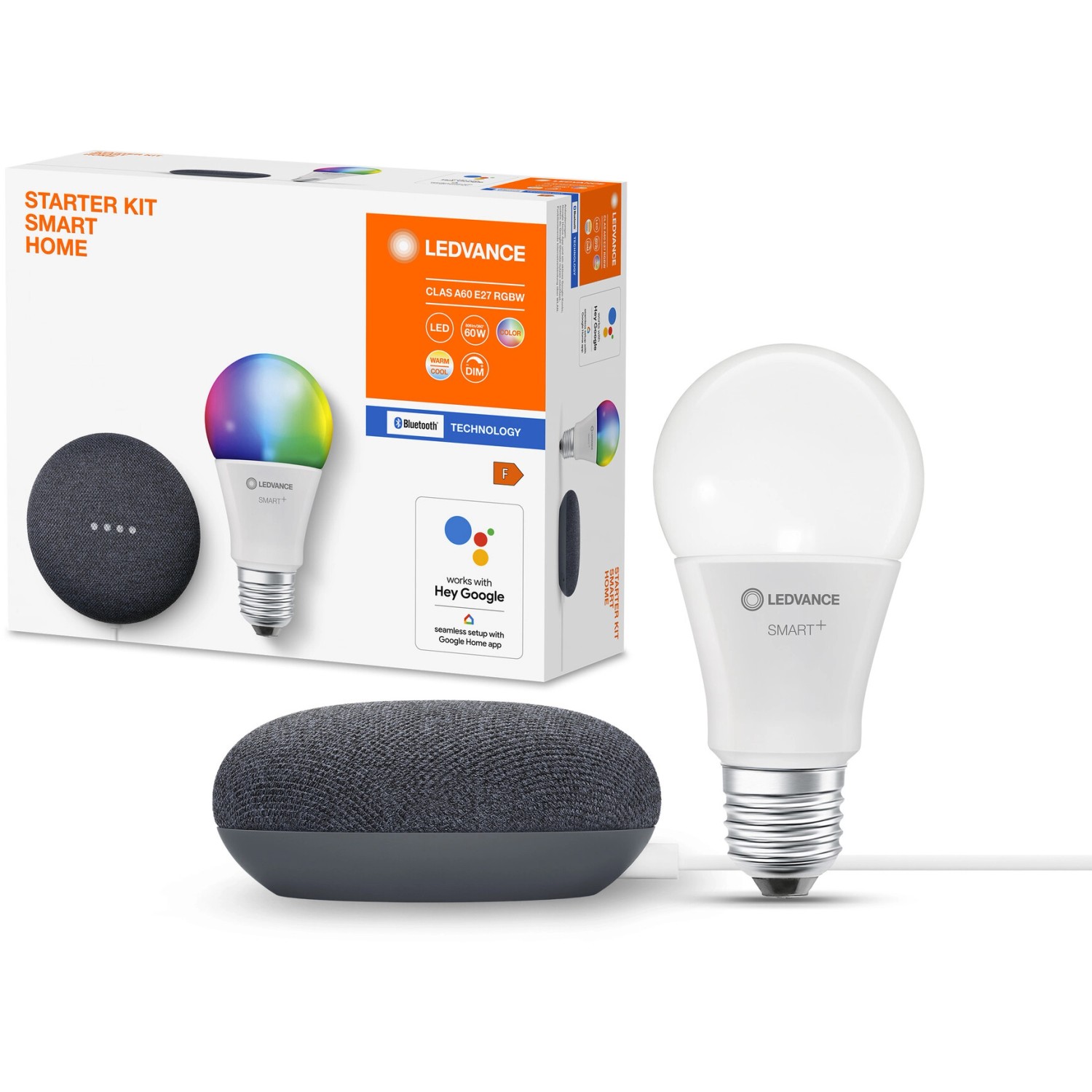 Ledvance Smart Home Set mit Google Nest Mini und farbwechselnder LED Lampe.