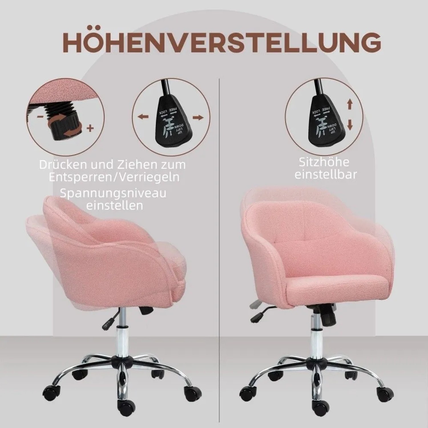Rosa Homeoffice Bürostuhl aus Teddy-Fleece, höhenverstellbar und neigbar. Zeigt die Verstellfunktionen des Schreibtischsessels.