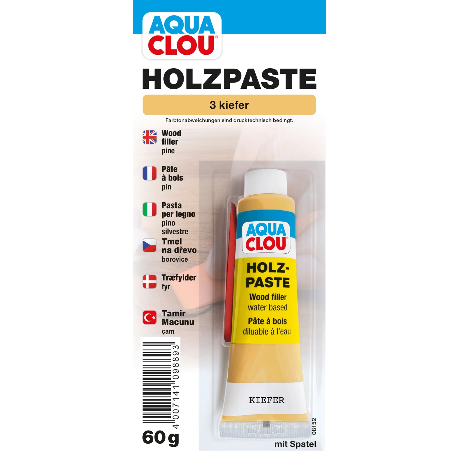 Clou Holzpaste, wasserverdünnbar, Farbton Kiefer, 60g Tube. Ideal zur Reparatur von Holz.