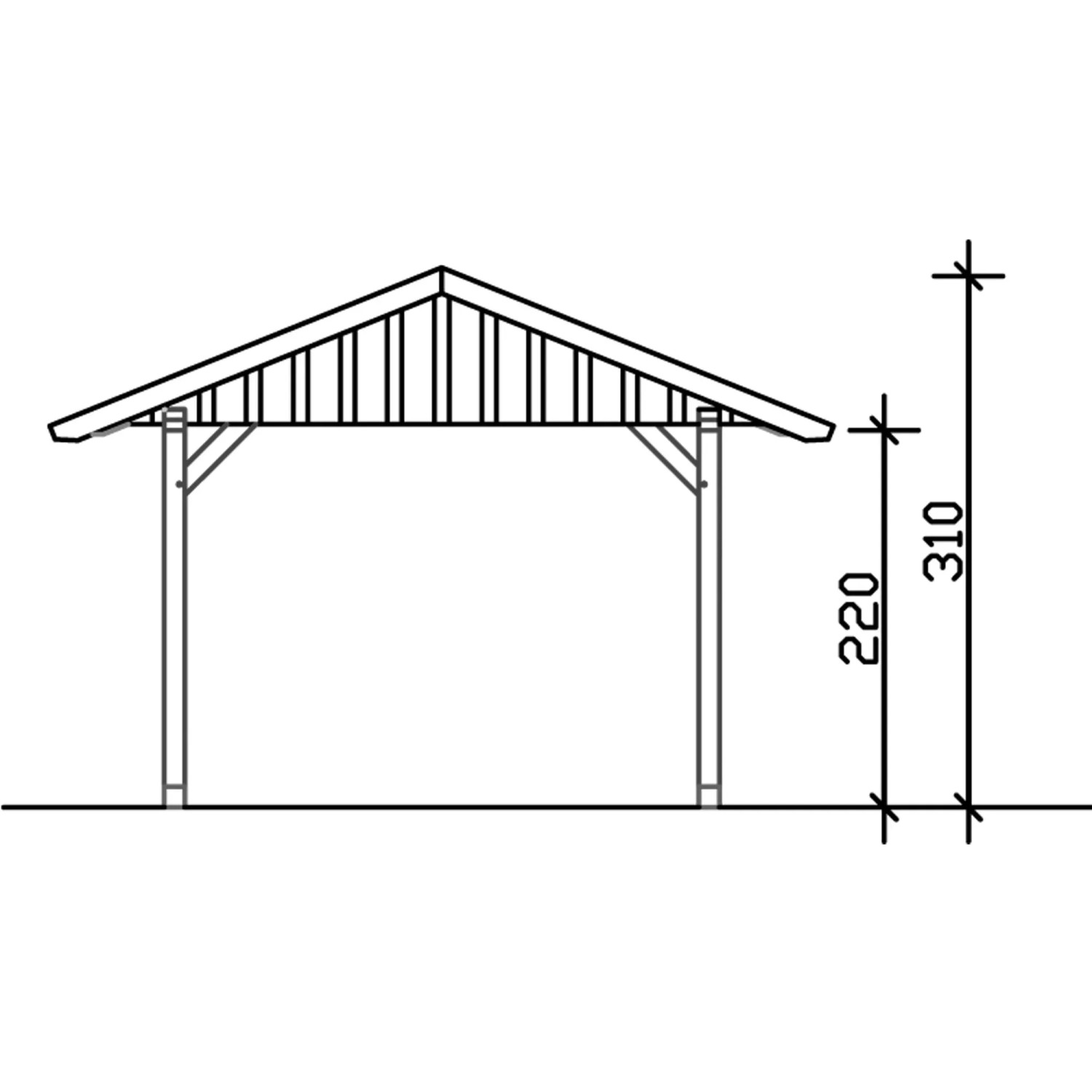 Technische Zeichnung: Skan Holz Carport Schwarzwald Eiche, Maße 424x600 cm, Satteldach mit Lattung.