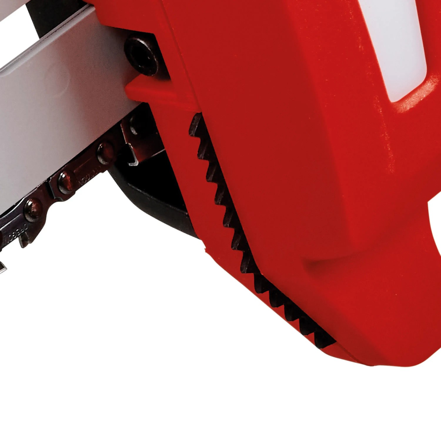 Detailaufnahme: Rote Einhell Akku-Astsäge GC-LC 18/20 Li T-Solo mit Schwert und Kette.