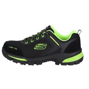 Schwarzer Skechers Strigax Gatlon Sicherheitsschuh für Herren mit limettengrünen Details, robuster Sohle und Zehenschutz.