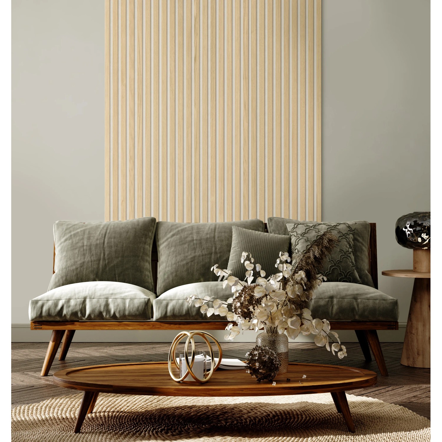 Grosfillex Wandpaneel Element 3D Optik Linio Ash Light hinter Sofa im Wohnzimmer.