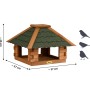 Vogelhaus Blockhaus aus braunem Kiefernholz mit grünem Bitumendach. Robustes Futterhaus, 37x37x26 cm.