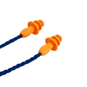 Orangefarbene 3M Gehörschutzstöpsel 1271 mit blauer Kordel.