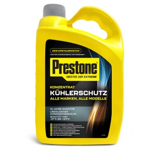 Gelbe 4L Flasche Prestone Kühlerschutz Konzentrat für optimalen Frostschutz.