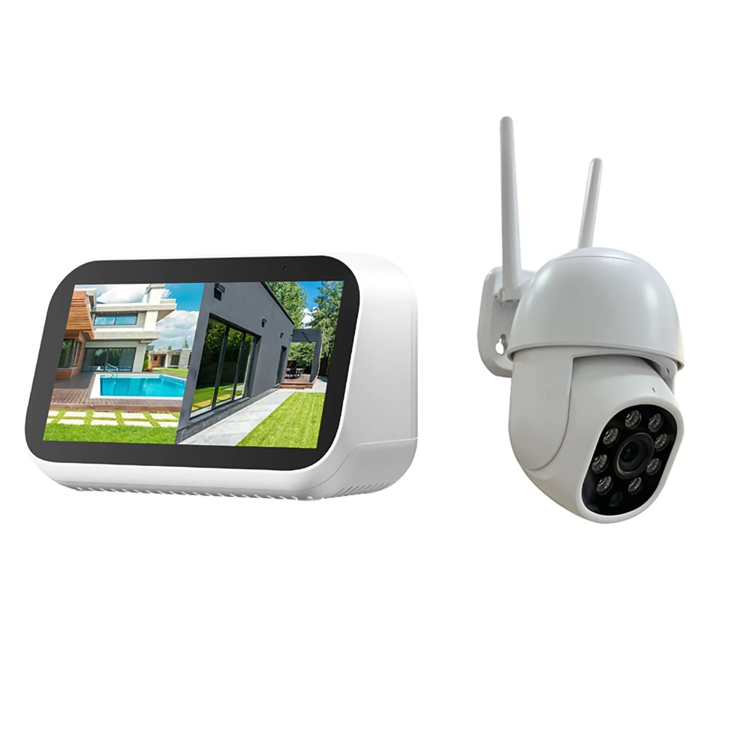 Weißes Technaxx Mini-Überwachungskamera-Set mit Touchscreen-Monitor und schwenkbarer Outdoor-Kamera.