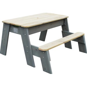 EXIT Aksent Sand-, Wasser- und Picknicktisch mit Bank aus Holz, grau und naturfarben.
