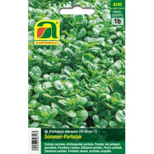 Austrosaat Sommerportulak Samenpackung mit grünen, fleischigen Blättern.