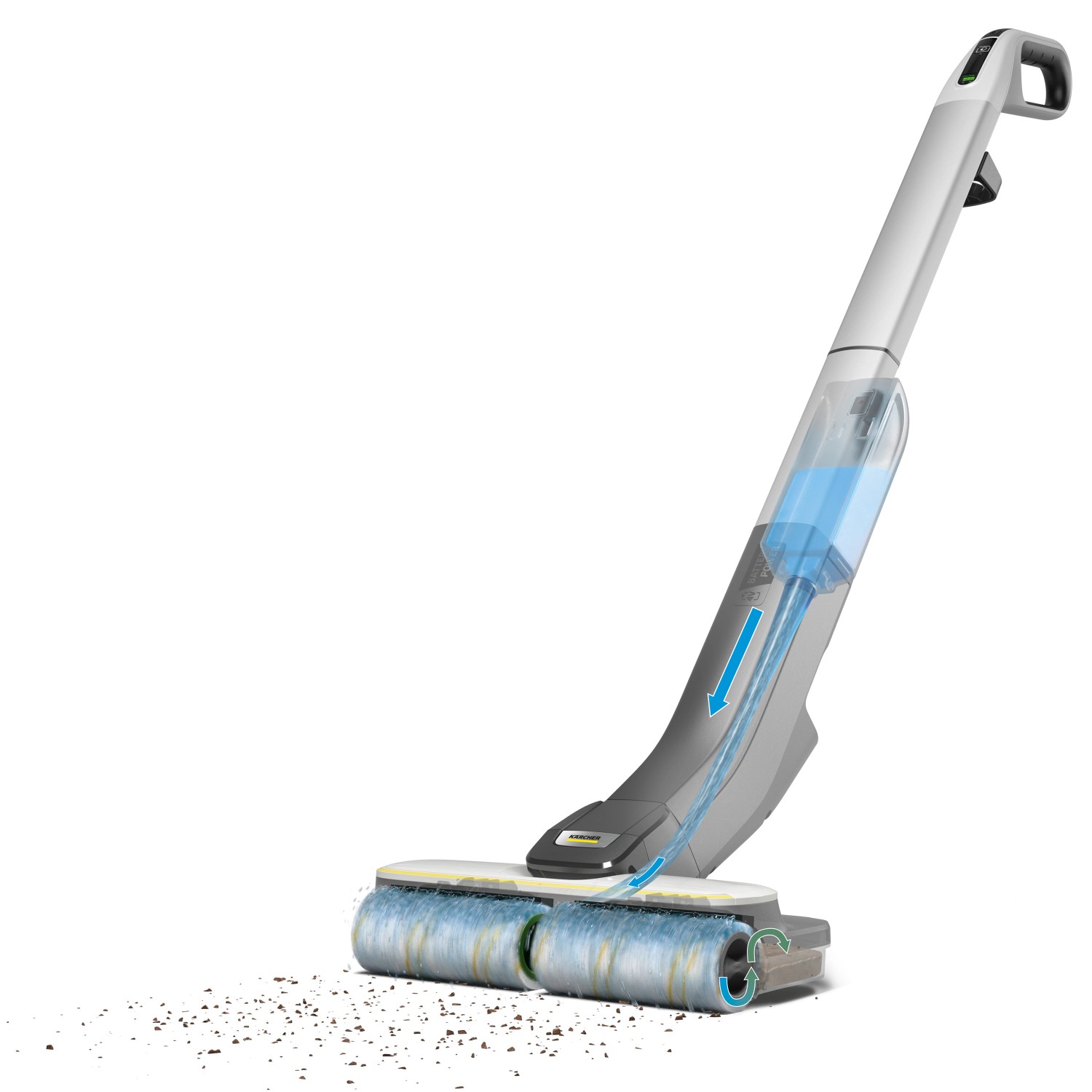 Kärcher Akku-Hartbodenreiniger FC 4-4 in Weiß-Schwarz mit rotierenden Walzen und Wassertank.