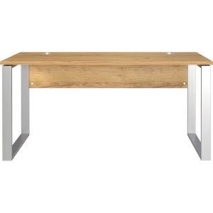 Germania Schreibtisch, 158 cm, Eiche Dekor mit silbernen Metallfüßen, Bürotisch mit Kabeldurchlass.