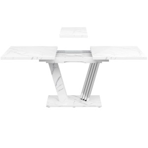 Weißer Ausziehtisch mit Marmoroptik, V-förmigem Fuß und Metallakzenten, erweiterbar für Küche/Wohnzimmer.
