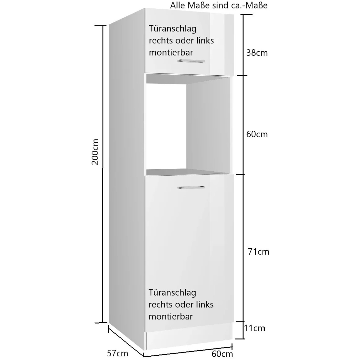 Held Möbel Kühlschrankumbauschrank Mailand, Graphit Hochglanz, mit Ofennische und Tür.