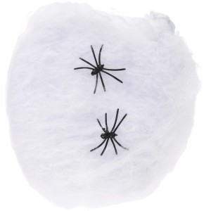 Dehnbares Spinnennetz aus Nylon mit zwei schwarzen Spinnen als Halloween Deko.