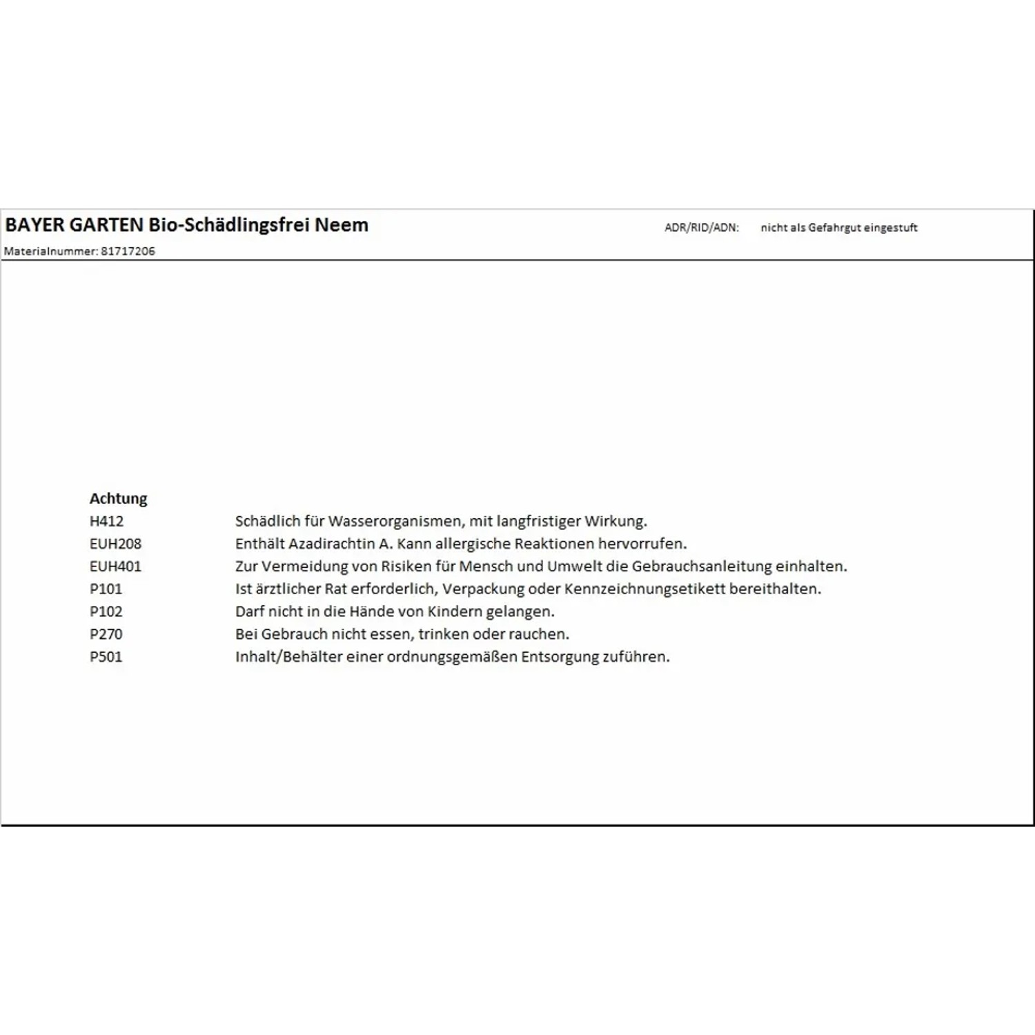Sicherheitshinweise für Bayer Garten Bio-Schädlingsfrei Neem beachten.