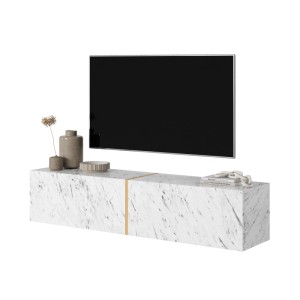 Selsey TV-Hängeboard Bisira 140 cm in weißer Marmoroptik mit goldenem Einsatz, TV darüber montiert.