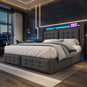 okwish Polsterbett 160x200cm mit LED Kopfteil USB Ladefunktion Jugendzimmer Grau mit Matratze