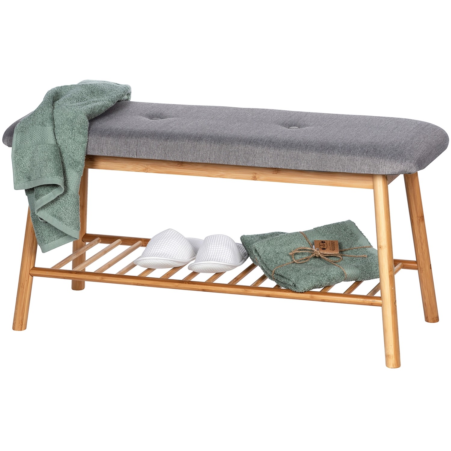 Wenko Schuhbank Bahari Bambus mit grauem Polster und Ablage für Schuhe.