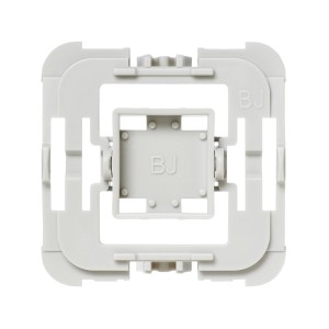 Grauer Homematic IP Adapter für Busch-Jaeger Schalterserien. Quadratischer Kunststoffrahmen zur Hausautomation.
