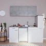Respekta Singleküche KB180WWBG, 180 cm, Weiß/Beton Optik mit Spüle, Kochfeld und Kühlschrank.