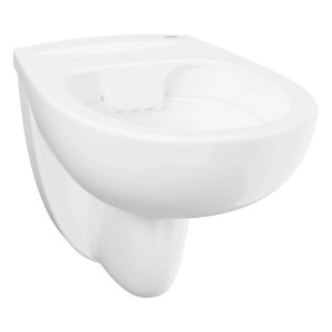 Weißes, wandhängendes WC aus glänzender Sanitärkeramik mit randlosem Design für leichte Reinigung.