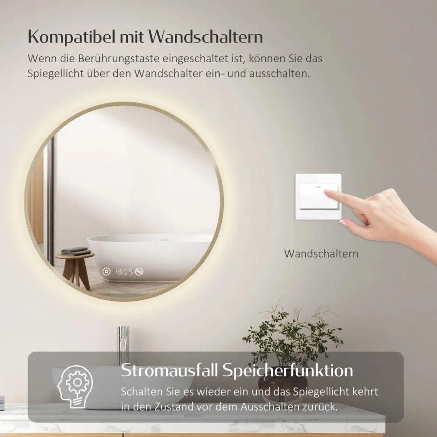 Runder Emke LED Badspiegel mit Goldrahmen, Beleuchtung, Uhr und Temperaturanzeige. Kompatibel mit Wandschaltern, Speicherfunktion.