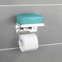 Wenko Toilettenpapierhalter Edelstahl mit Ablage für Feuchttücherbox, an grauer Wand.