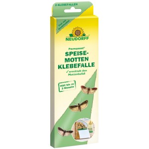 Neudorff Permanent Speisemotten Klebefalle (3 Stk.). Gelb-grüne Packung mit Mottenbildern zur insektizidfreien Befallserkennung von Lebensmittelmotten.