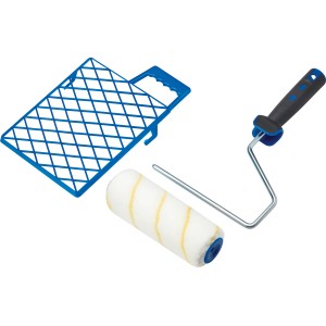 5-teiliges Farbroller Set in Blau, bestehend aus Farbroller, Bügel und Abstreifgitter.