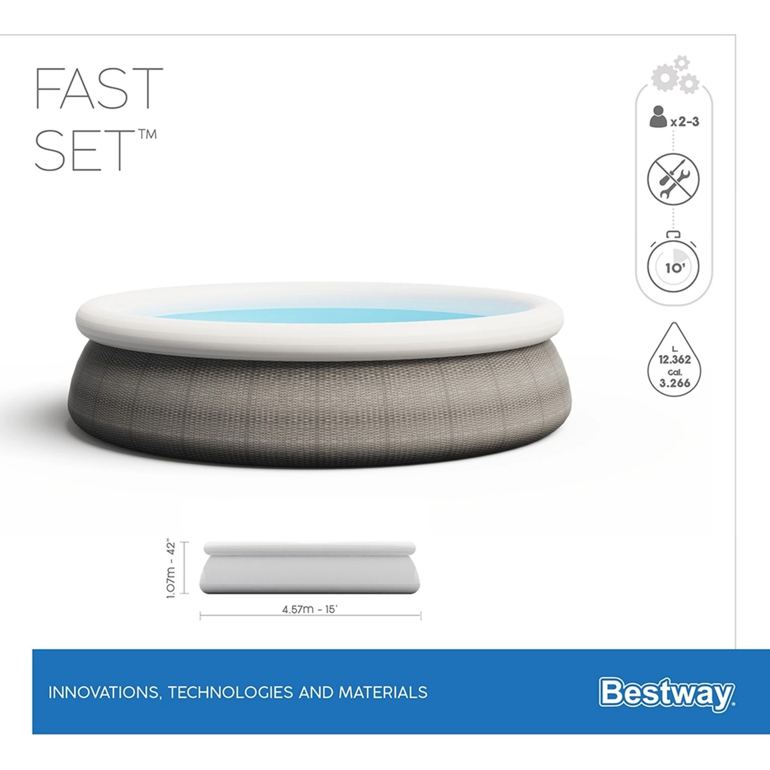 Bestway Fast Set Pool Ø 457x107 cm, Quick-Up Pool Set in Schiefergrau mit Filterpumpe und Leiter.