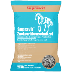 Supravit Rübenschnitzel Pferdefutter 20 kg. Beiger Sack mit blauem Design, weißem Pferd und Futter-Pellets.