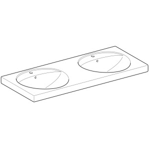 Weißes Geberit Preciosa Doppelwaschbecken, 130 cm, für Einbau, mit zwei Becken und großer Ablagefläche.