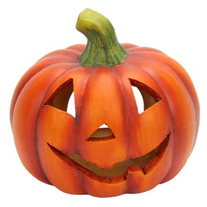 Windlicht Kürbis aus Keramik, 14 cm, mit geschnitztem Gesicht für Halloween Deko.