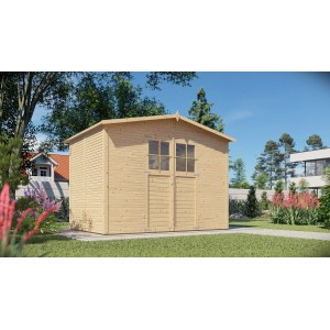 Bertilo Gerätehaus aus Holz mit Doppeltür und Fenstern, naturbelassen.