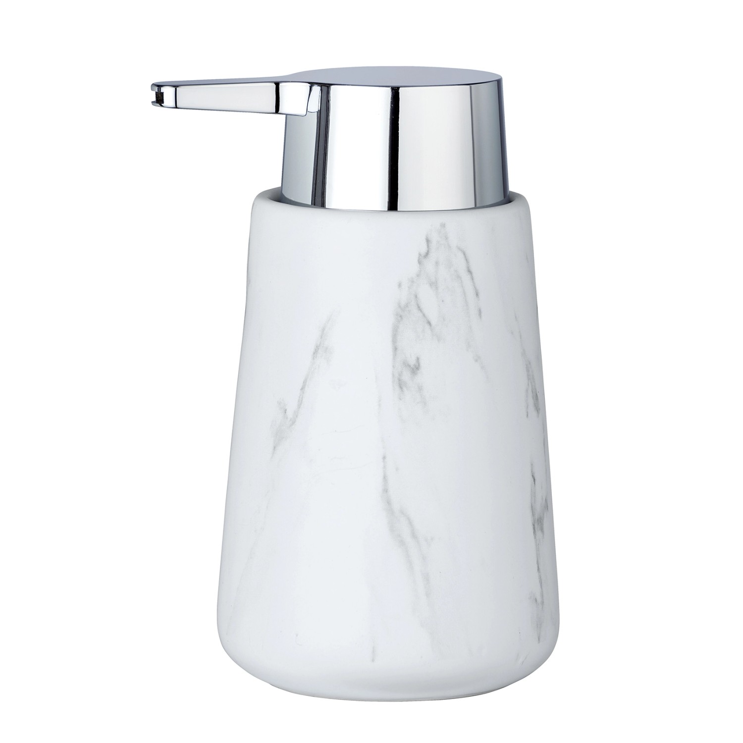 Weißer Wenko Seifenspender Adrada aus Keramik mit Marmor-Optik und Chrom-Pumpe.
