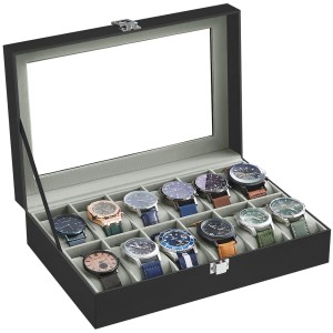 Schwarze Songmics Uhrenbox Bridie mit 12 Fächern und Glasdeckel zur Aufbewahrung von Uhren.