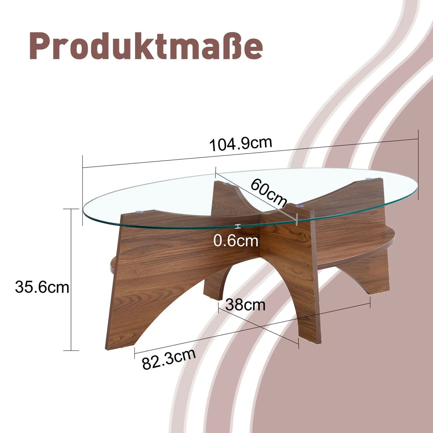 okwish Beistelltisch mit Sicherheitsglas Fächerförmiges Gestell Esszimmer Büro 105x60x35cm Braun_5