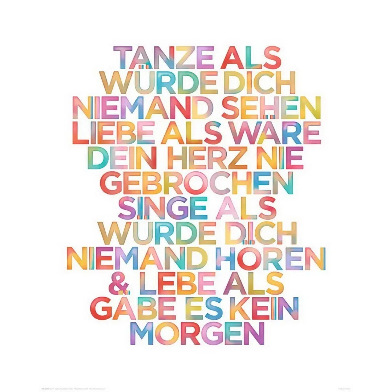 Fertigbild Deco Panel mit farbenfrohem Motiv: Tanze, liebe, singe. Wandbild 40x50 cm.