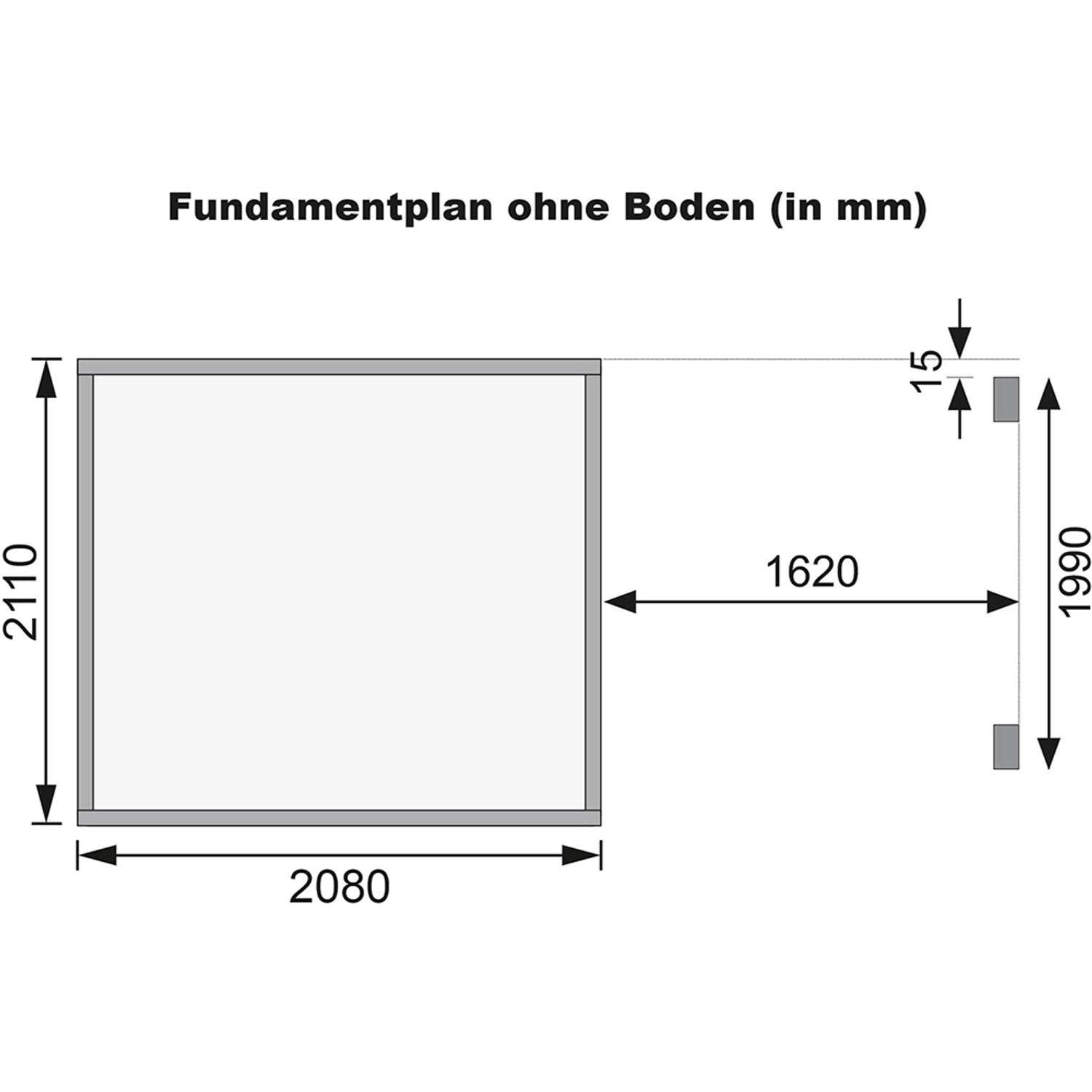 Fundamentplan des Karibu Holz-Gartenhauses Vellinge (208x210cm) ohne Boden, mit Maßangaben.