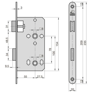 Basi Zimmertürschloss ES 929: Technische Zeichnung mit Maßen, 20 mm Edelstahl Rundstulp, Falle und Riegel.