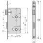 Basi Zimmertürschloss ES 929: Technische Zeichnung mit Maßen, 20 mm Edelstahl Rundstulp, Falle und Riegel.