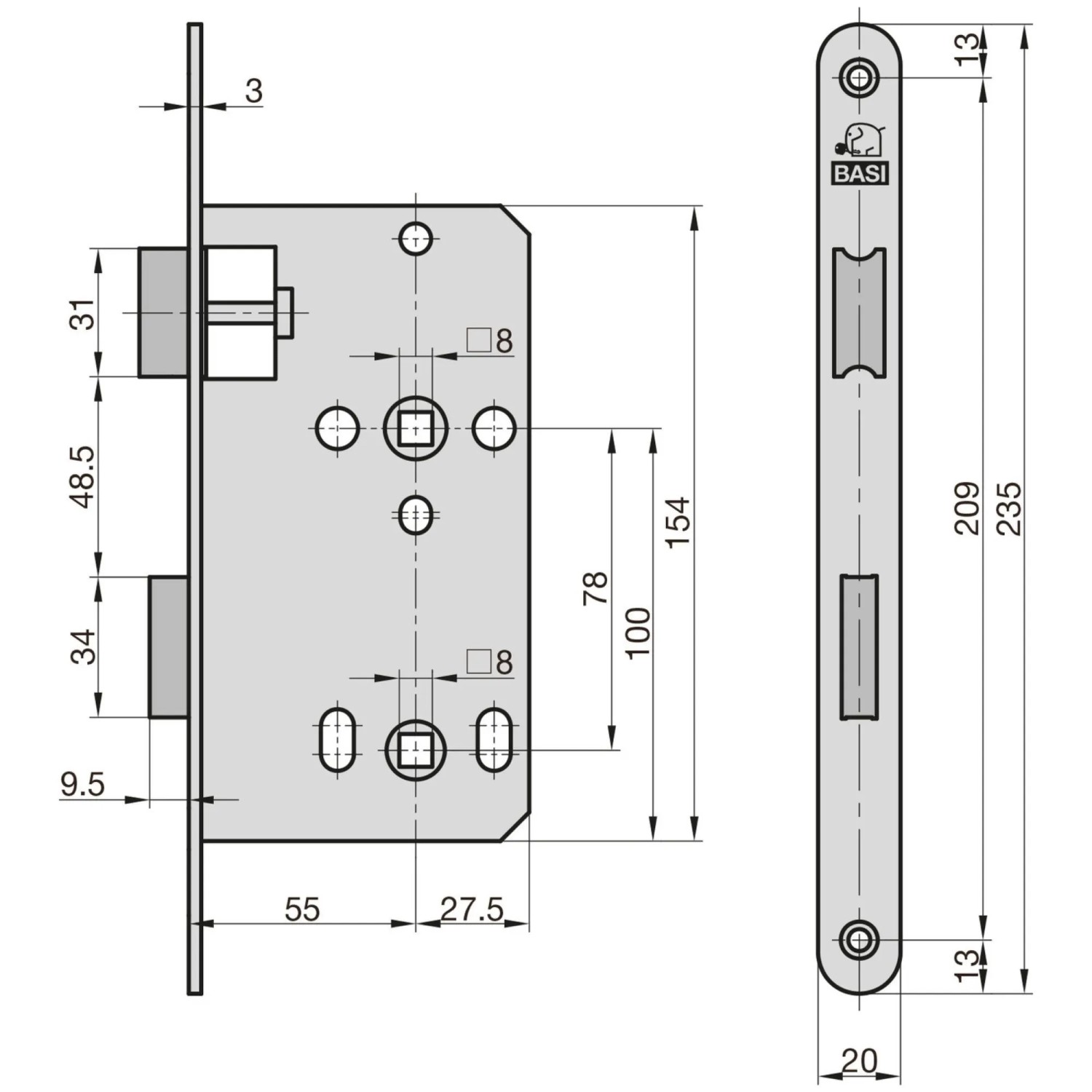 Basi Zimmertürschloss ES 929: Technische Zeichnung mit Maßen, 20 mm Edelstahl Rundstulp, Falle und Riegel.